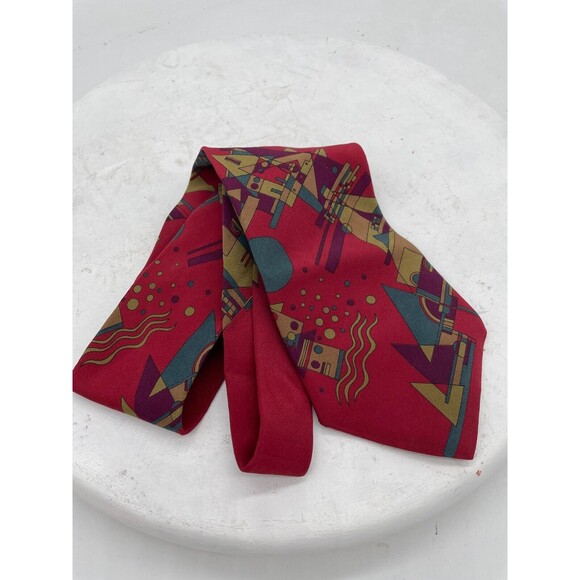 Nino Cerruti Neck Tie Mens Red Yellow Purple Green Geometric Classic Formal - Picture 2 of 8